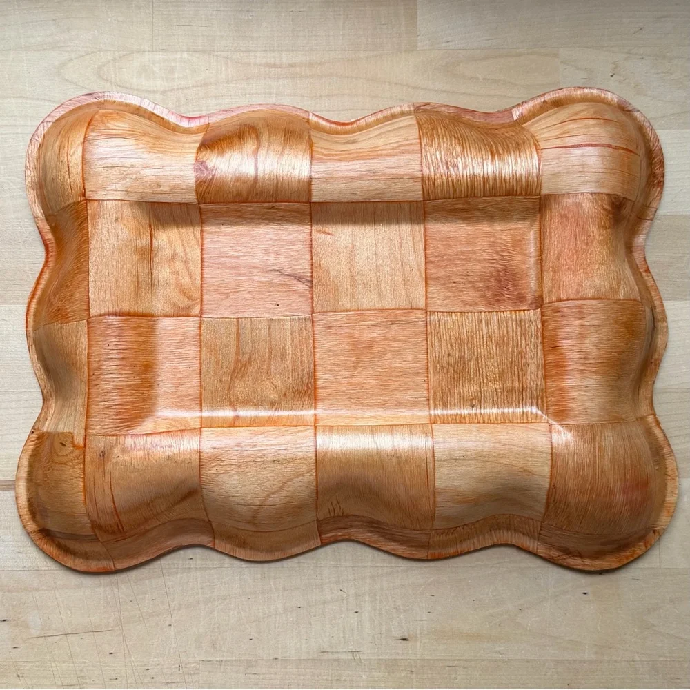 Vintage Parquet Woven Wood Serving Tray Scalloped Edge Mid Cent Modern BBQ Party